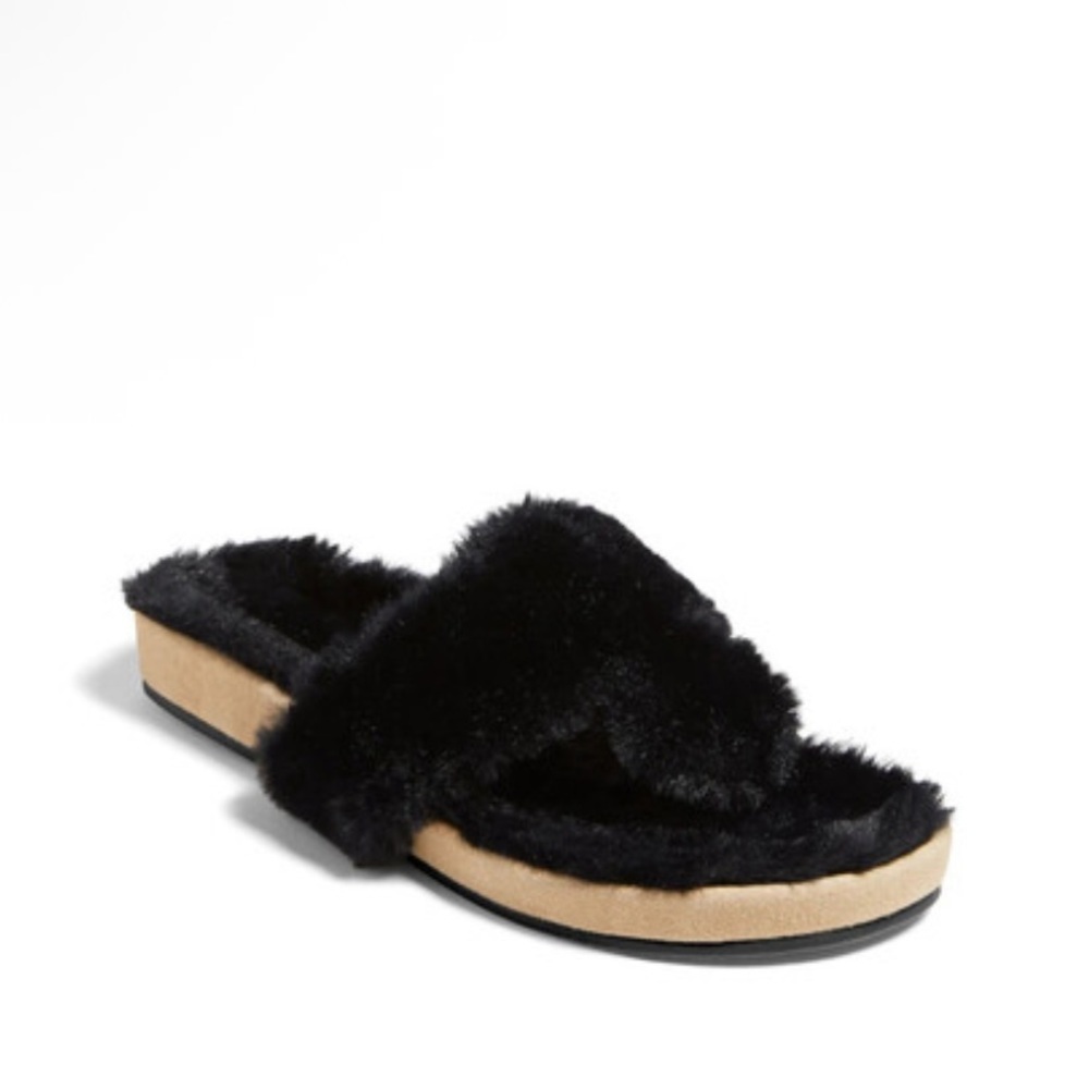 Jack Rogers Black Faux Fur fluffy cozy Slide Sandal